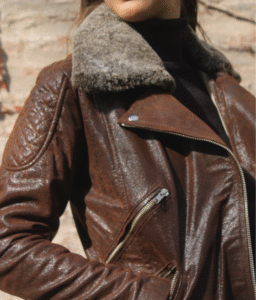 Close-up detail of a high-quality brown Argentine leather jacket