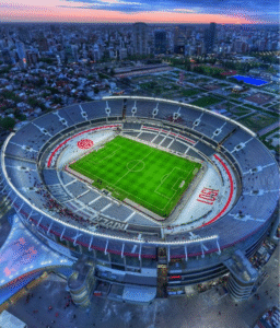 Aerial view of the River Plate Monumental Stadium during sunset